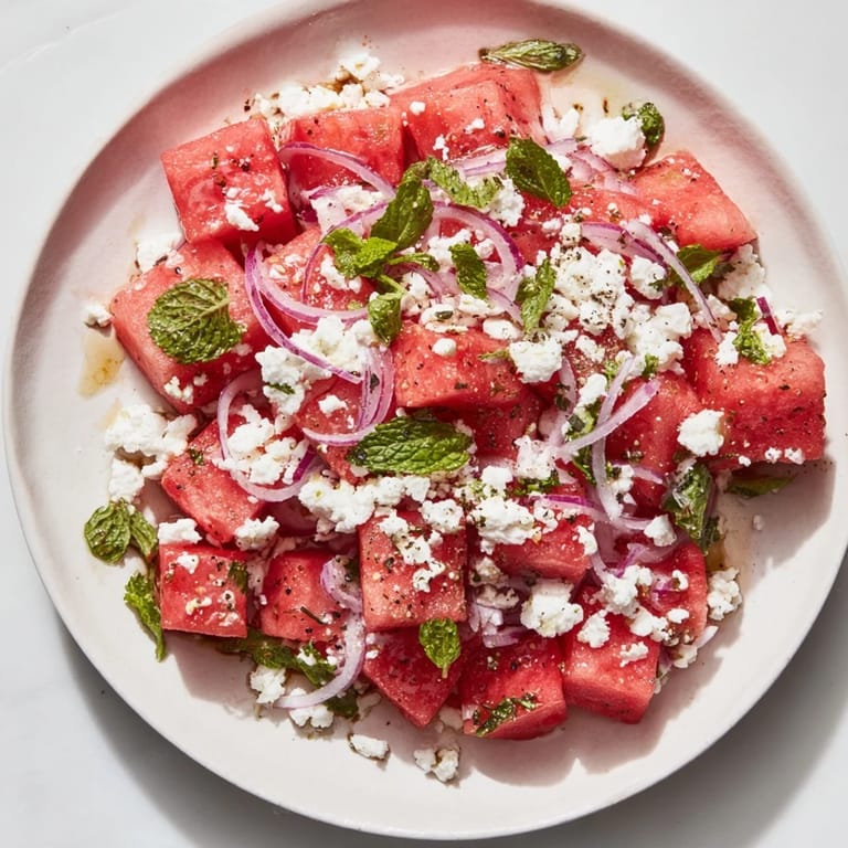Close-up of a refreshing Watermelon Feta Salad: a vibrant summer dish with lime dressing.