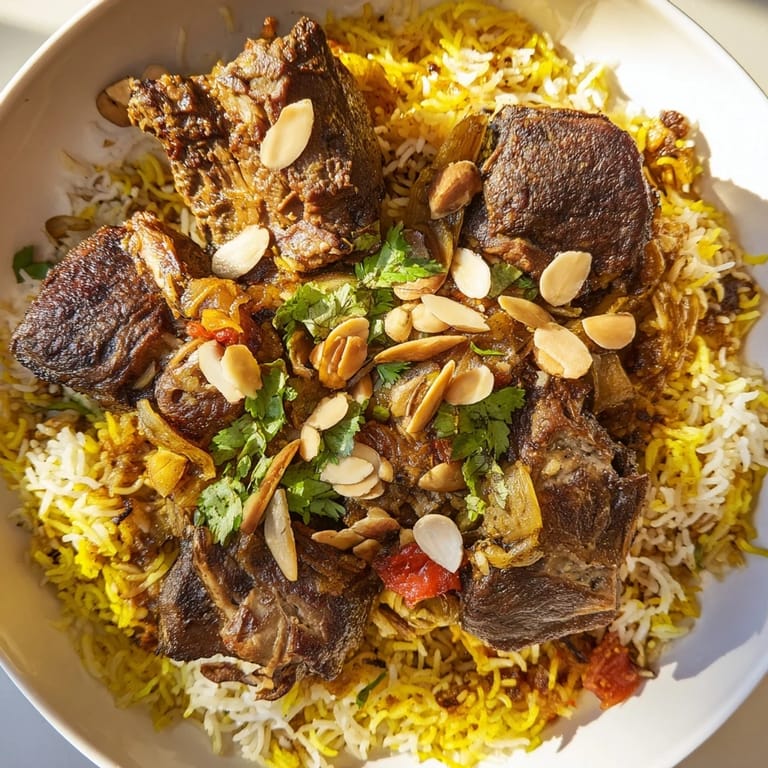 Steaming Qatari Majboos with golden onions and spiced lamb, a fragrant Middle Eastern experience.