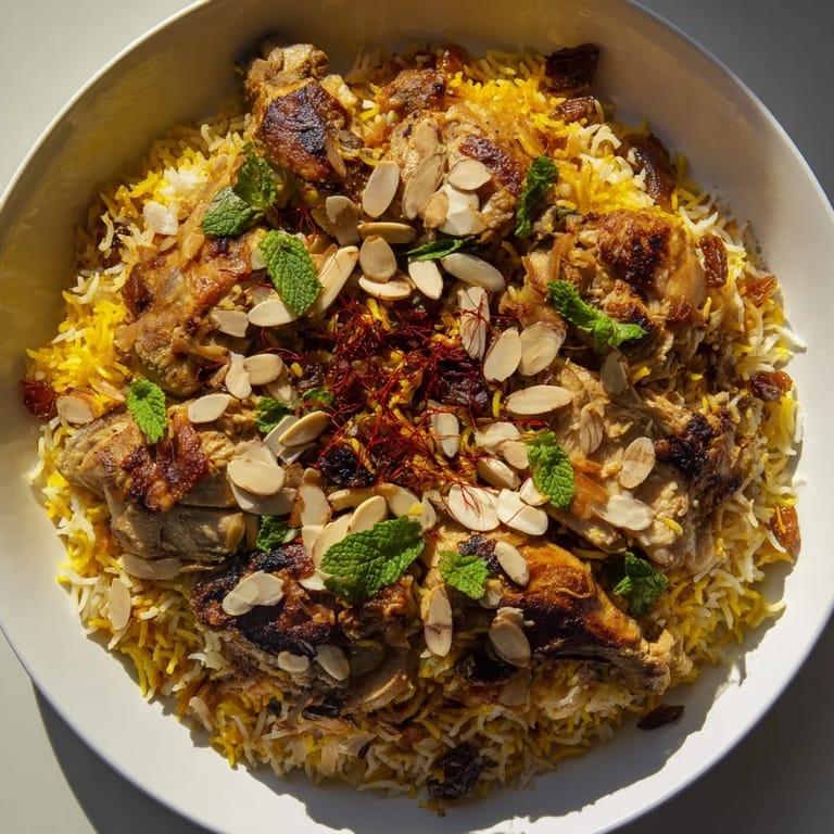 A close-up of a steaming pot of Kuwaiti Biryani, offering a rich and flavorful meal.