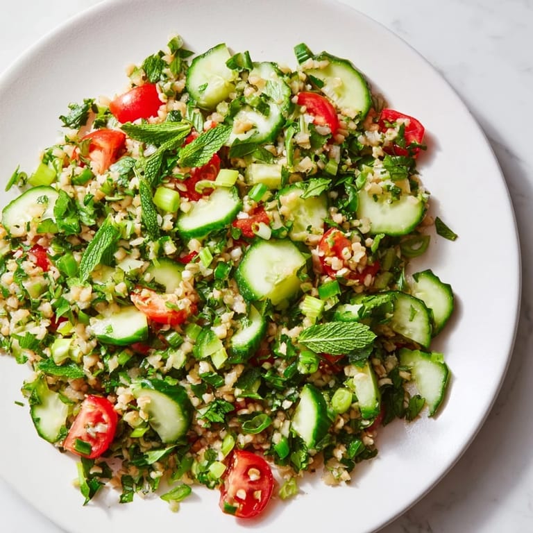 Enjoy a healthy serving of delicious Lebanese Tabbouleh Salad, seasoned and drizzled for flavor.