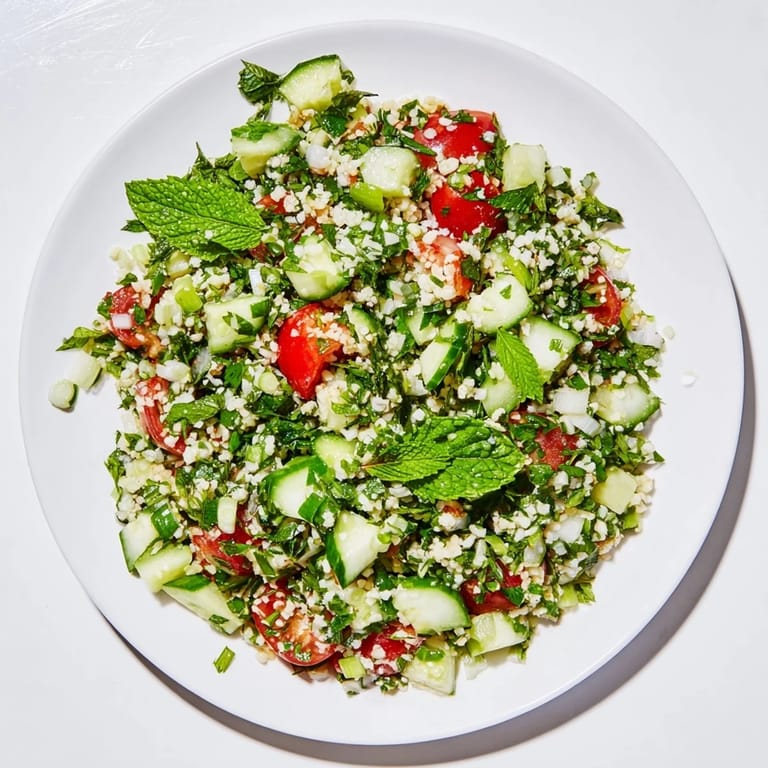 Close-up of a bright, vibrant Lebanese Tabbouleh Salad showing the fresh herb mixture.