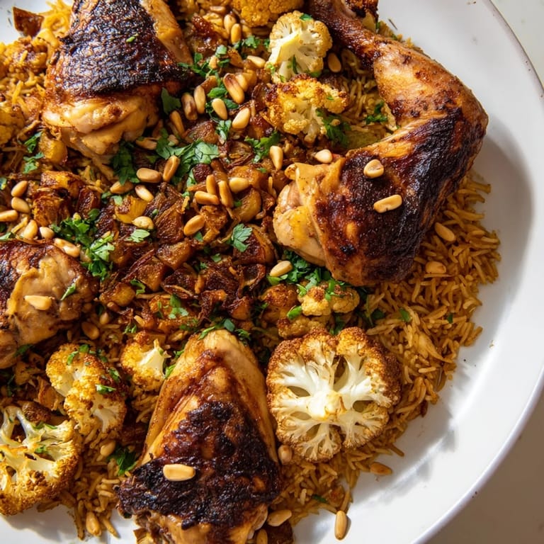 Fluffy rice layered with spiced chicken and cauliflower makes this stunning Palestinian Maklouba dinner.