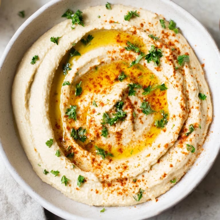 A vibrant top-down view of a Levantine hummus plate, garnished with paprika and fresh parsley.