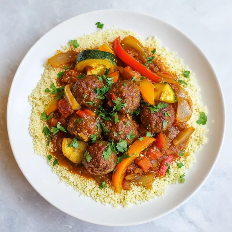 A comforting bowl of North African Couscous Kefta, featuring flavorful meatballs and spiced vegetable stew.