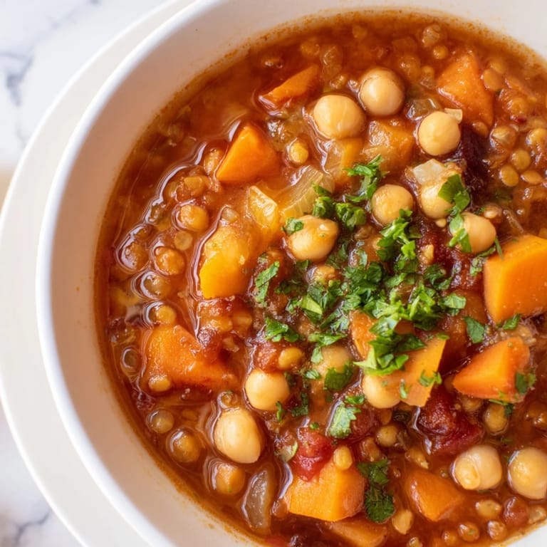 Close-up of a bubbling pot of North African Harira Soup, showcasing the lentils and chickpeas' tender, hearty texture.