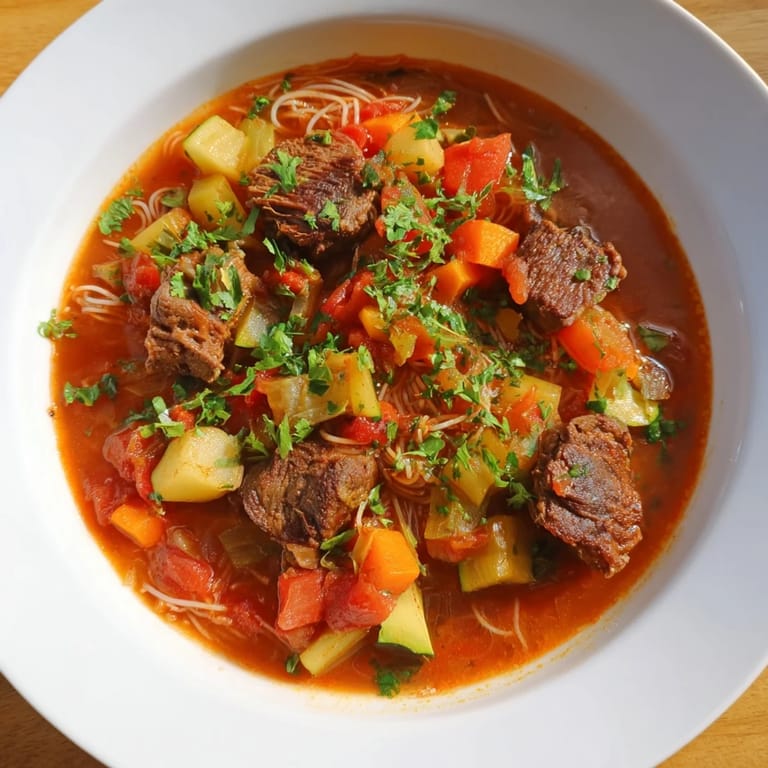 Chunks of lamb and vegetables simmer in a rich broth, a delicious Algerian Chorba.