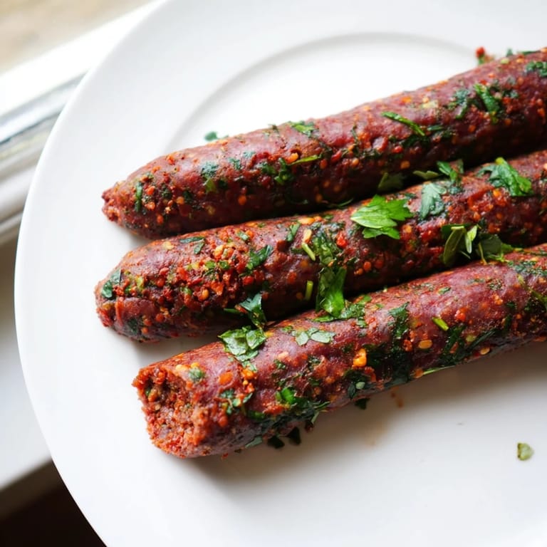 Close-up of freshly cooked Tunisian Merguez sausages, sizzling on a grill, with enticing red chili flecks.
