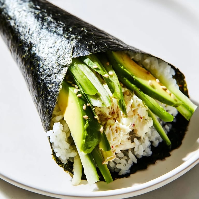 A close-up of sushi rice hand rolls with nori wrapping, filled with colorful avocado, cucumber, and crab, ready to be dipped in soy sauce.