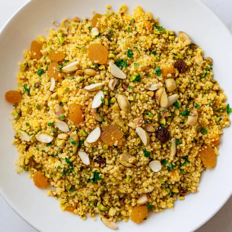 A serving of spiced couscous pilaf with chopped pistachios and mint on a rustic plate, lemon wedges on the side.  