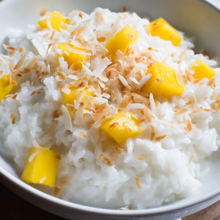 Fluffy jasmine rice soaked in coconut milk, lightly sweetened and served warm with tropical fruit topping.