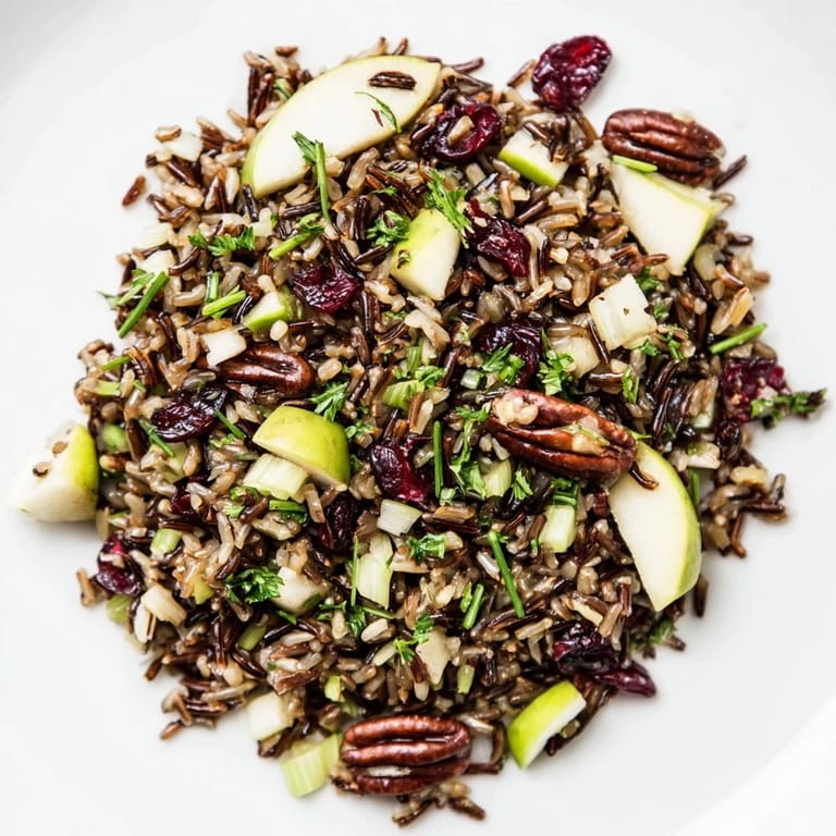 Overhead shot of vibrant Wild Rice Harvest Salad with chopped apples and green onions, perfect as a festive autumn side dish or light lunch.  