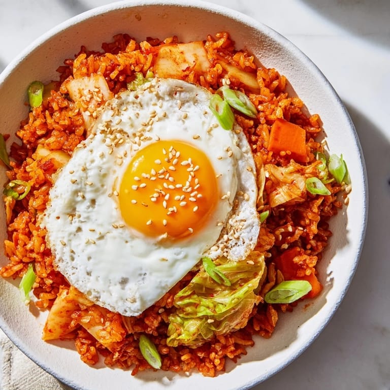 Sizzling wok action captures caramelized kimchi and tender vegetables mixed into perfectly seasoned Kimchi Fried Rice, ready to be enjoyed straight from the skillet.
