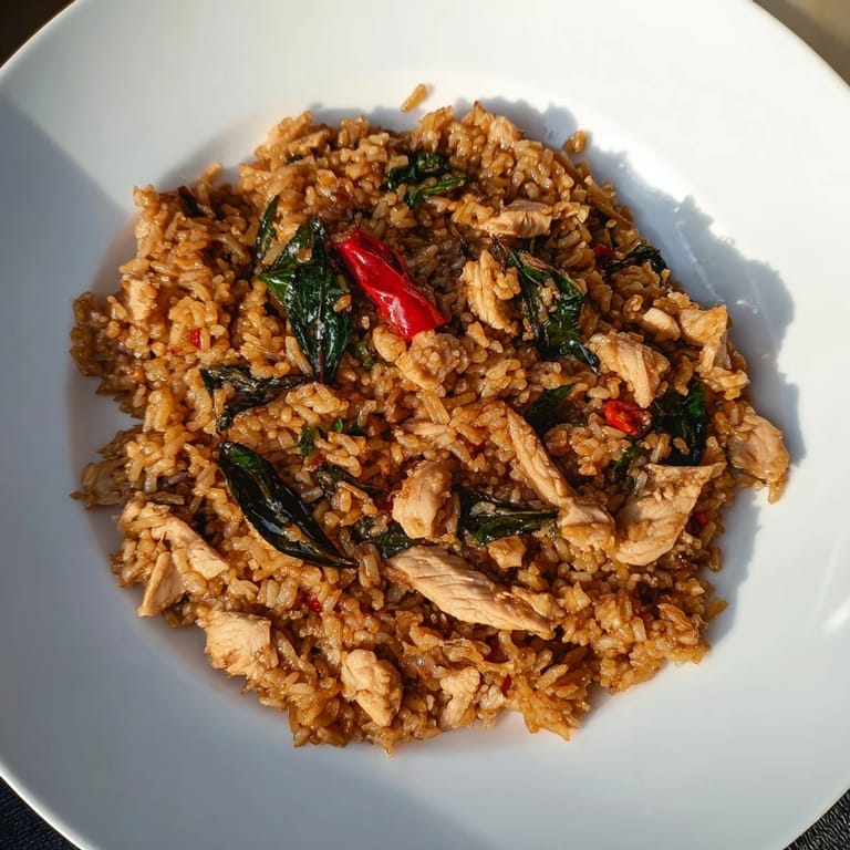 Golden Thai Basil Chicken Fried Rice served in a wok with lime wedges and sliced cucumber on the side.