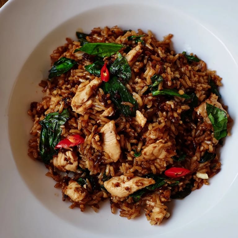 A rustic wooden bowl of Thai Basil Chicken Fried Rice garnished with aromatic holy basil and a sprinkle of red chili.