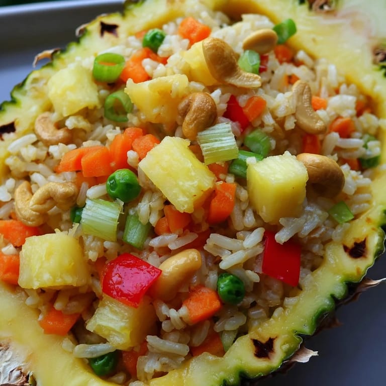 A generous serving of Thai-style Pineapple Fried Rice studded with diced pineapple, carrots, and red bell pepper, topped with cashews and scallions for a fresh finish.