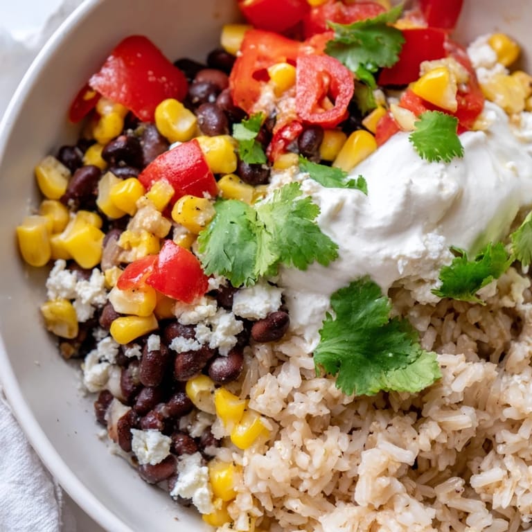 This hearty Brown Rice Burrito Bowl features colorful vegetables, creamy avocado, and tangy toppings for a wholesome Mexican-inspired meal.  