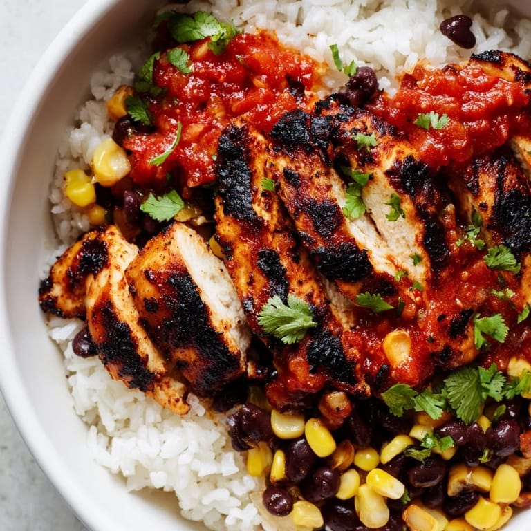 A close-up view of a spicy chicken burrito bowl with seasoned grilled chicken, fluffy rice, corn, beans, and fresh salsa topped with avocado and cheese.