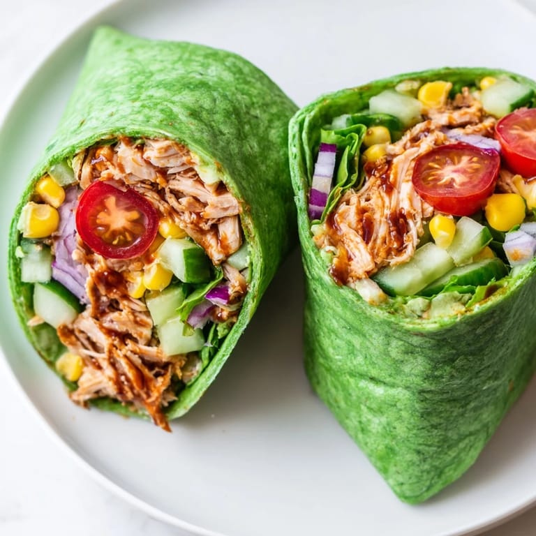 Sliced in half, the BBQ Chicken Salad Wrap reveals layers of tender shredded chicken, diced cucumber, and creamy dressing inside a vibrant green tortilla.