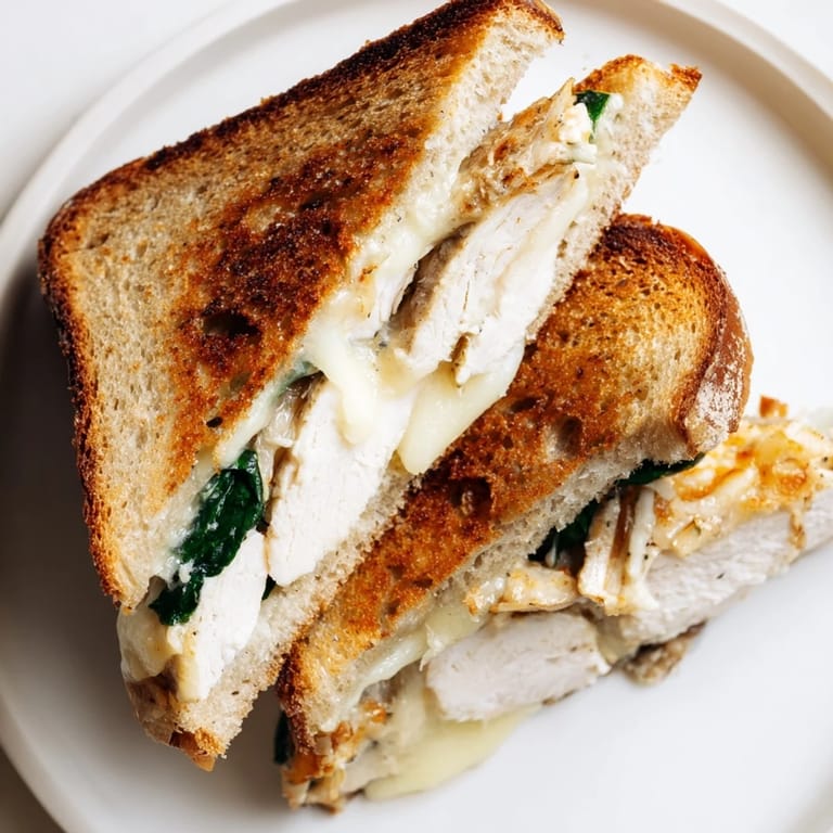 Steam rising from a hot Grilled Chicken Spinach Panini, with juicy grilled chicken and melty cheese inside.