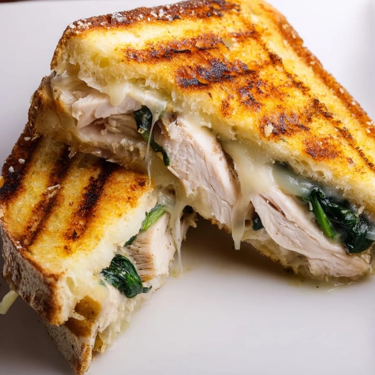 A cross-section of a Grilled Chicken Spinach Panini, showing tender chicken slices and vibrant spinach layered with Parmesan.