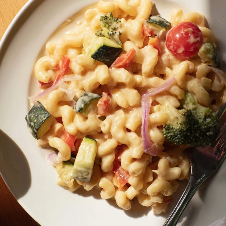 A close-up of golden, cheesy Roasted Veggie Mac & Cheese steaming on a rustic tablecloth.