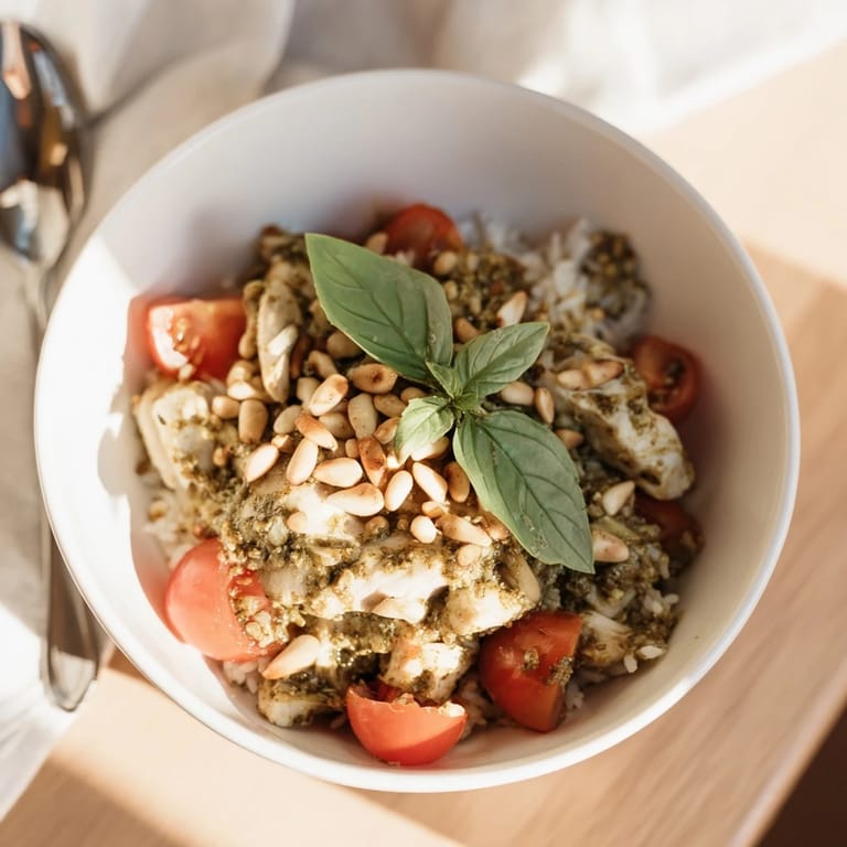 Hearty Chicken Pesto Rice Bowl with tender basil chicken, fresh tomatoes, and pine nuts, served warm in a rustic ceramic bowl.