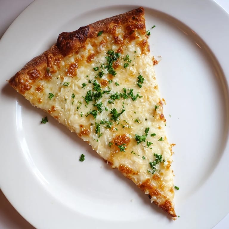 A close-up view of Creamy Garlic White Pizza, showcasing the velvety white garlic cream sauce and generous layers of melted, stringy mozzarella cheese.
