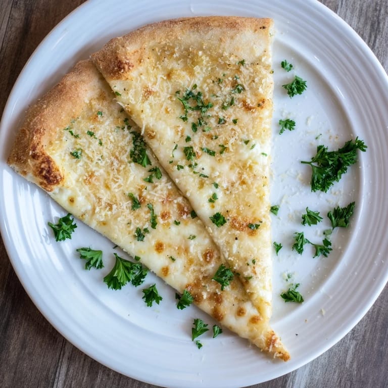 Slice of steaming Creamy Garlic White Pizza lifted from the pan, revealing a tender, chewy interior and perfect golden-brown baked edges.