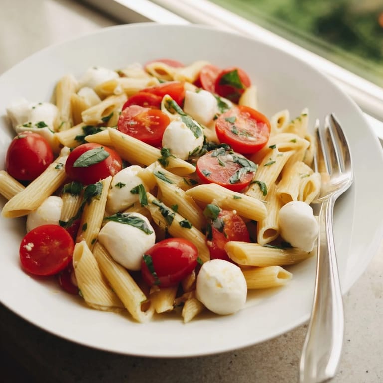 A close-up shows al dente fusilli pasta mingling with colorful tomatoes, fresh basil, and glistening olive oil in a bright kitchen.  