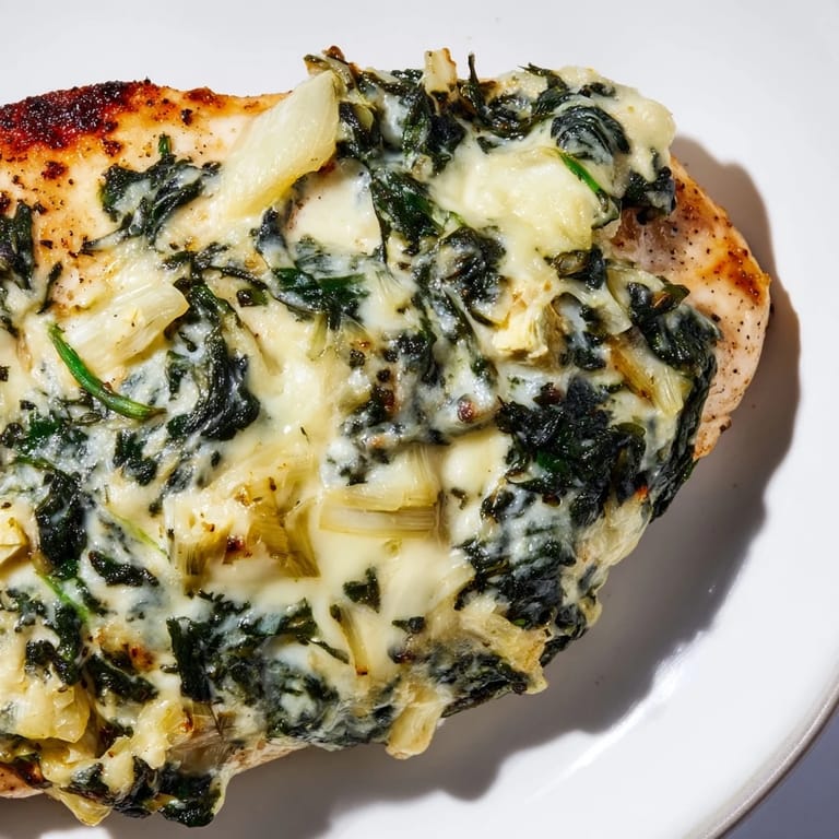 A close-up of creamy spinach and artichoke chicken bake with vibrant green spinach and artichoke hearts.  