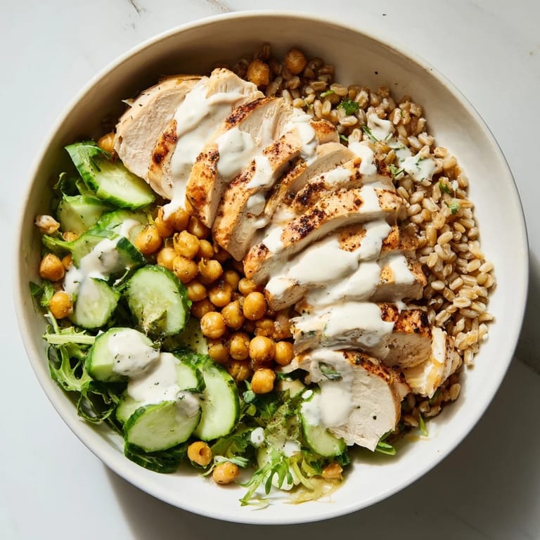 Close-up of Lemon Tahini Chicken Power Bowl featuring juicy chicken, fresh tomatoes, cucumber, and a creamy lemon tahini dressing.