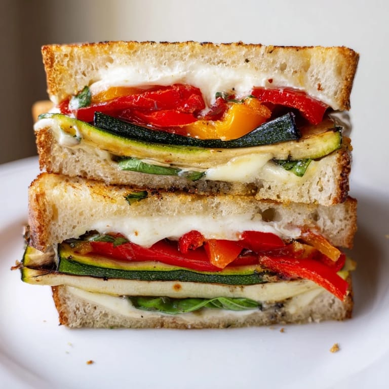 A warm Roasted Veggie Caprese Grilled Cheese cut diagonally, revealing layers of colorful veggies and gooey cheese.