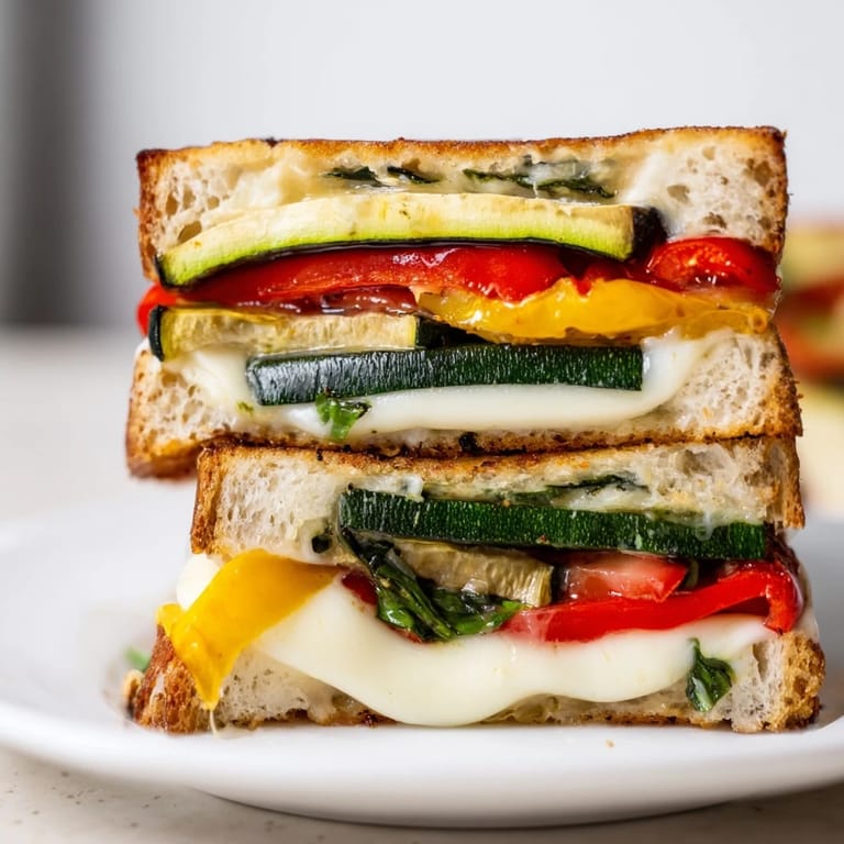 Toasted Italian bread holding roasted vegetables, ripe tomato, basil, and melted mozzarella with a drizzle of balsamic.