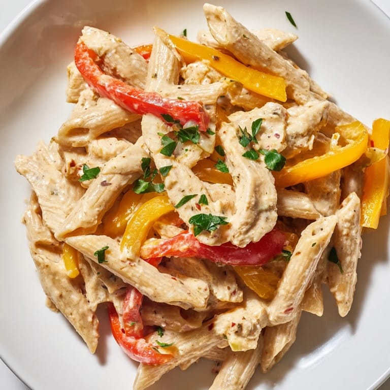 Garnished with parsley and lemon, this lower-calorie Cajun chicken pasta offers a creamy, spicy bite with colorful peppers and onions.