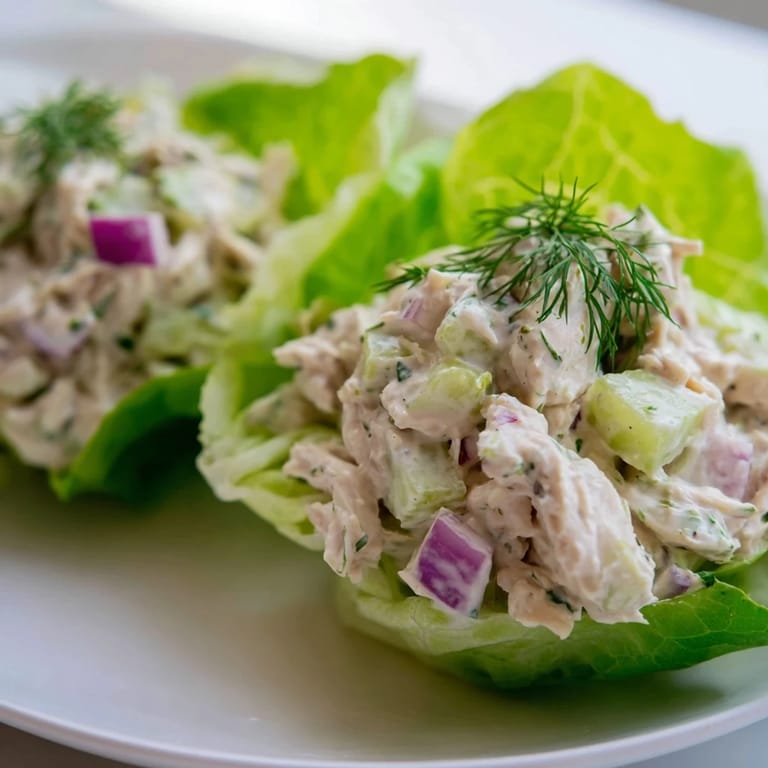 Homemade Dill Pickle Chicken Salad Lettuce Cups featuring tender chicken, dill, and celery in a tangy dressing, served in lettuce cups.