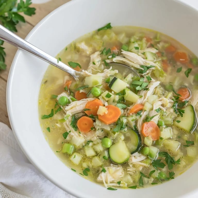 Spoon lifting a ladleful of Spring Garden Chicken Soup with zucchini, celery, and fresh parsley garnish, steam rising.  