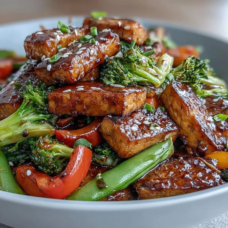 Healthy vegan dinner idea: colorful Vegetable Tempeh Stir-Fry with julienned carrots and fresh ginger, ready to serve on a plate.