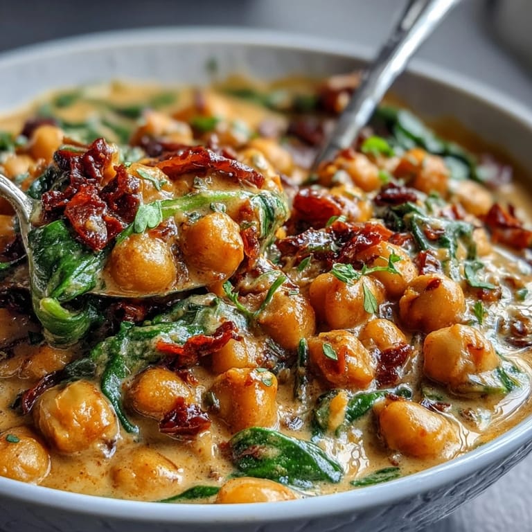 Hearty vegan Chickpea Curry in a white bowl, vibrant with spices and served with a spoon and warm naan.