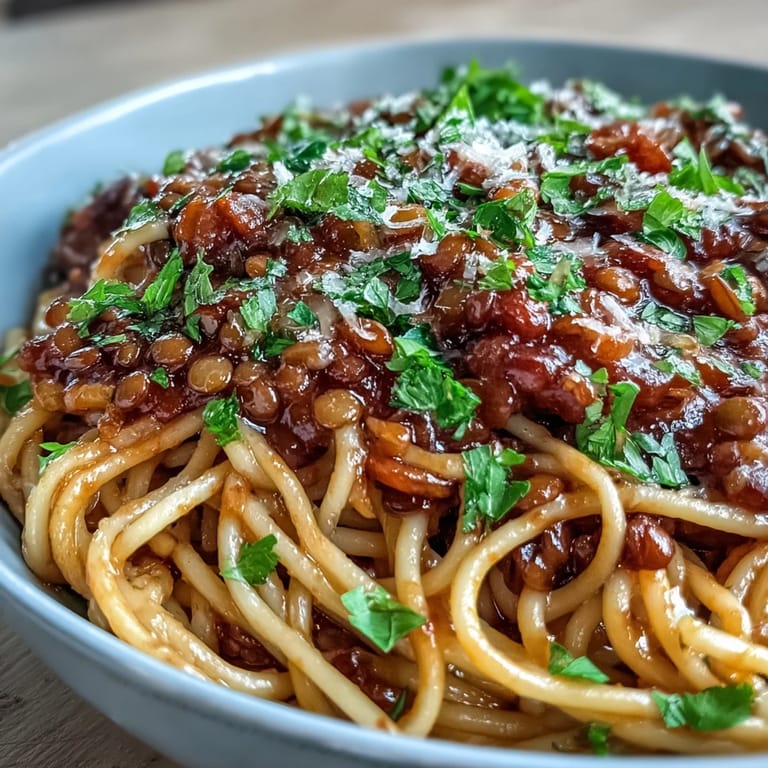 Rich, savory Lentil Bolognese simmering in a pan, ready to be served with pasta.