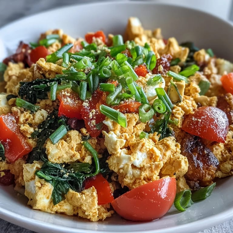 Crumbled tofu scrambled with turmeric, cumin, and black salt, served with avocado toast for a hearty vegan breakfast.