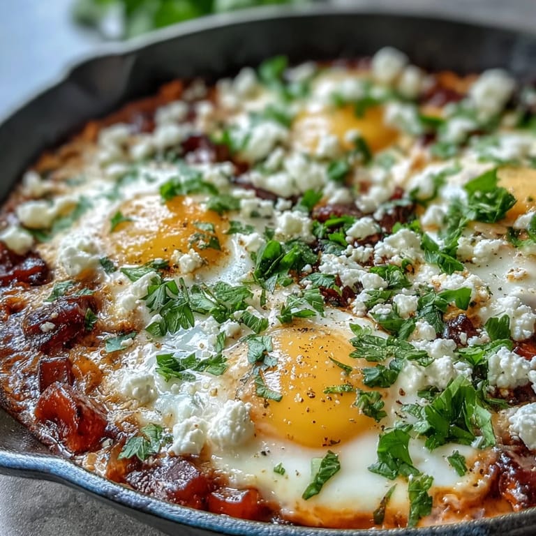 A close-up view of shakshuka shows runny egg yolks in a rich tomato-pepper sauce, ready to be scooped up with crusty bread.