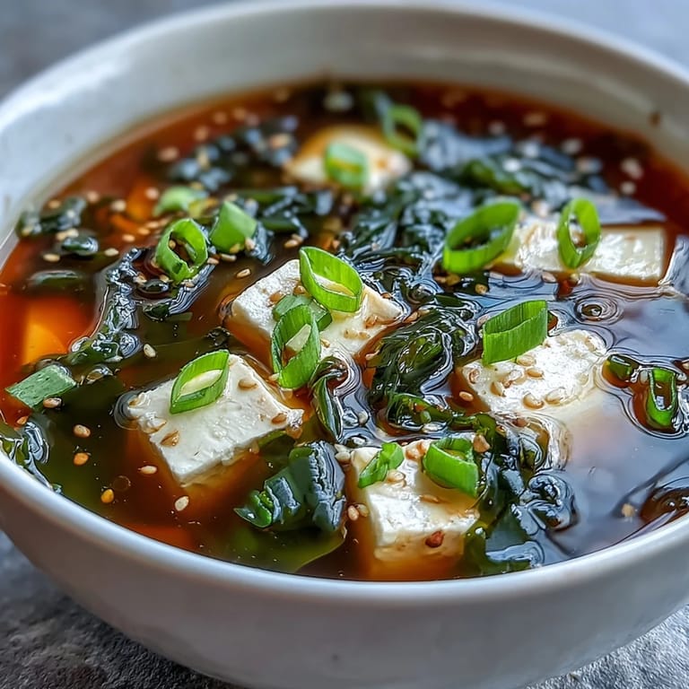 A ladle of freshly stirred miso soup with tofu and wakame, perfect alongside a bowl of steamed rice.