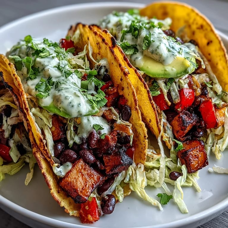 Enjoy these flavorful vegan black bean and sweet potato tacos with a squeeze of lime.