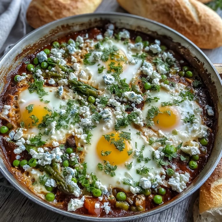 A close-up of Pea and Broad Bean Shakshuka featuring asparagus and peas nestled in a spiced tomato sauce, ready to scoop with bread.
