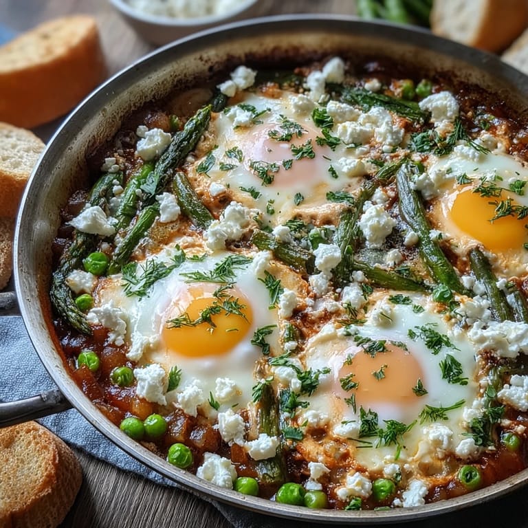Spring-inspired Pea and Broad Bean Shakshuka in a deep skillet, garnished with parsley and drizzled olive oil, a perfect vegetarian main.