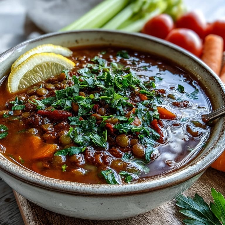 Thick, hearty Tomato Lentil Soup in a white bowl with a spoon, showcasing its rich red color.