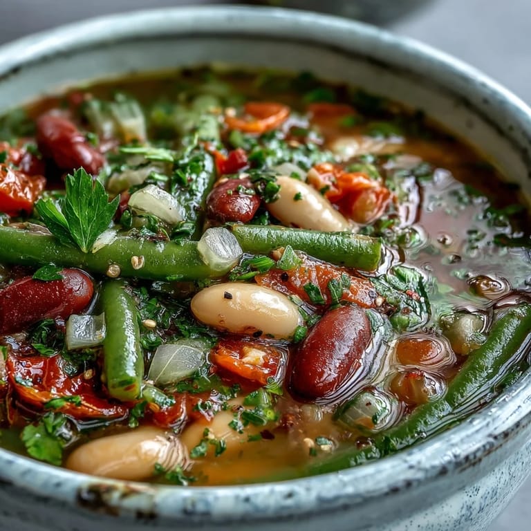 Steaming Three-Bean Salad Soup showcases diced red bell pepper and celery in a tangy broth, with colorful beans visible, ready to be enjoyed with crusty bread.