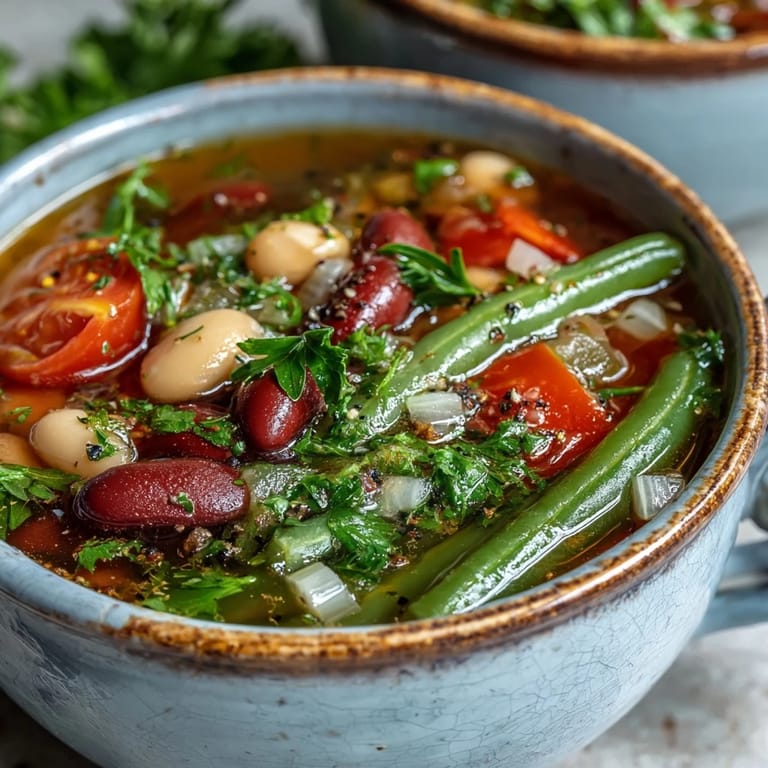 A vibrant pot of Three-Bean Salad Soup simmers on the stove, revealing a hearty mix of beans and cherry tomatoes in a rich, herb-infused vegetable broth.