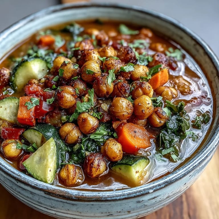 Vibrant bowl of Spiced Chickpea and Vegetable Soup with roasted chickpeas, carrots, and kale in a savory tomato broth.