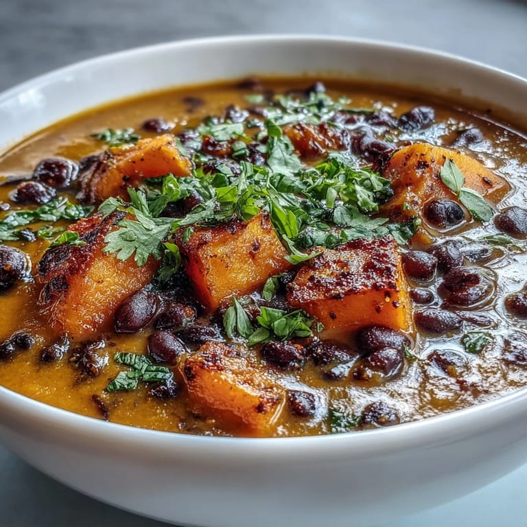 A hearty, fiber-rich Sweet Potato and Black Bean Soup simmering in a pot with diced carrots, celery, and red bell pepper.